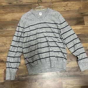 GAP Men's Heather Gray and Navy Striped Crewneck Sweater